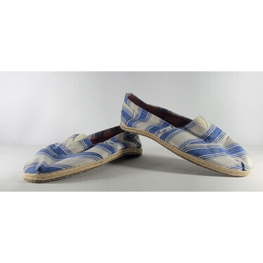 Toms Women's Size 6 W Blue And White Striped Canvas Slip On Casual Loafers Flats